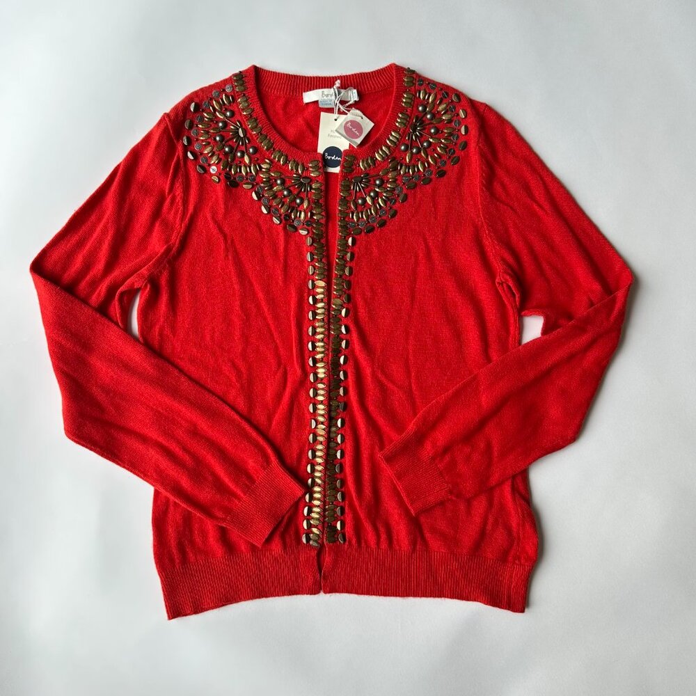 NWT BODEN rare hand embellished art to wear cashmere blend red cardigan size  8